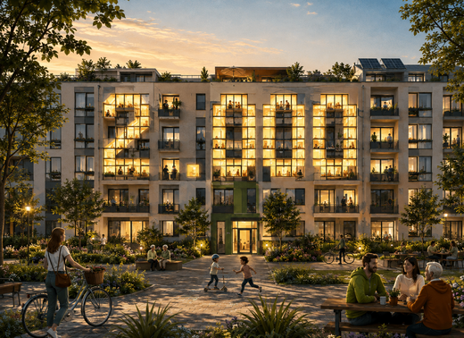 Illustration eines begrünten Wohnquartiers bei Abendlicht. Die beleuchteten Fenster eines Mehrfamilienhauses formen die Zahl „2.000“. Im Innenhof sind verschiedene Bewohner*innen zu sehen, darunter spielende Kinder, Menschen auf Bänken und an einem Tisch sowie eine Frau mit Fahrrad.