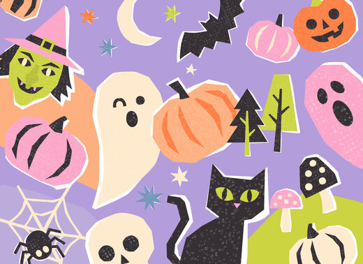 Bunte Halloween-Illustration mit Hexe, Gespenstern, Kürbissen, Fledermaus und schwarzer Katze auf lila Hintergrund.