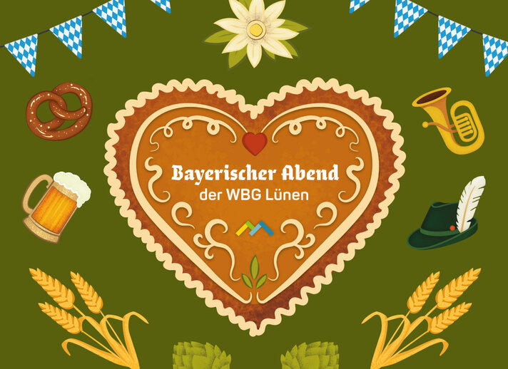Ankündigungsgrafik „Bayerischer Abend der WBG Lünen“ mit Lebkuchenherz, Bierkrug, Brezel und bayerischen Dekorationselementen.