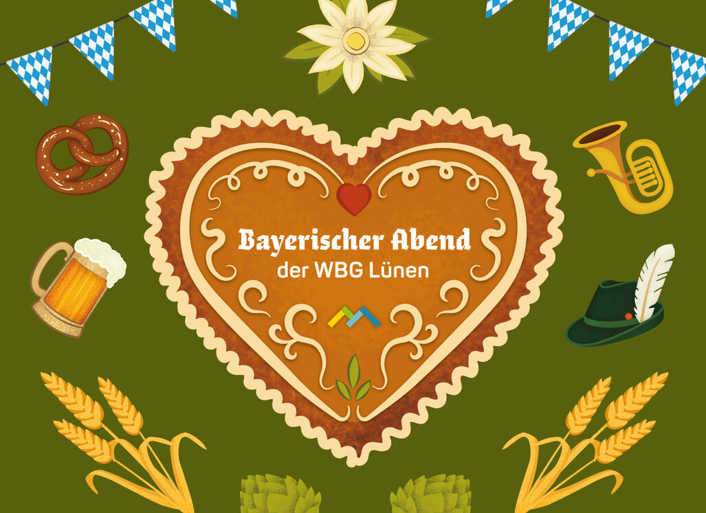 Ankündigungsgrafik „Bayerischer Abend der WBG Lünen“ mit Lebkuchenherz, Bierkrug, Brezel und bayerischen Dekorationselementen.