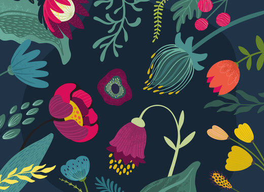 Farbenfrohe Illustration mit verschiedenen Blumen und Blättern auf dunkelblauem Hintergrund.