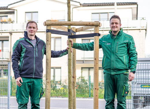 Zwei Mitarbeiter der WBG Lünen in grüner Arbeitskleidung stehen neben einem frisch gepflanzten Baum mit Holzstützen. Im Hintergrund sind Wohngebäude zu sehen, im Vordergrund frisch aufbereiteter Boden rund um den jungen Baum.