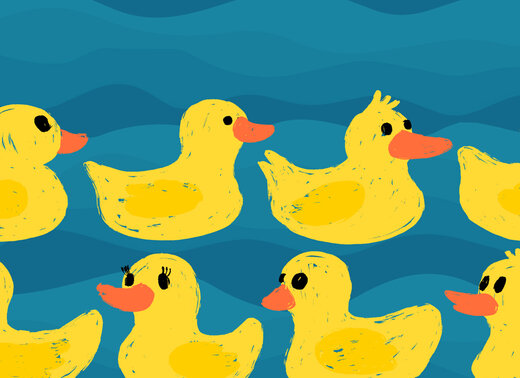 Illustration von mehreren gelben Quitscheenten auf blauem Hintergrund.
