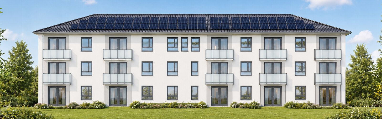 Südansicht des Mehrfamilienhauses mit Balkonen und Photovoltaikanlage auf dem Dach.