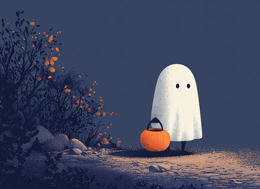 Illustration: Kleines Gespenst wandert mit einer Kürbis-Laterne durch die Dunkelheit