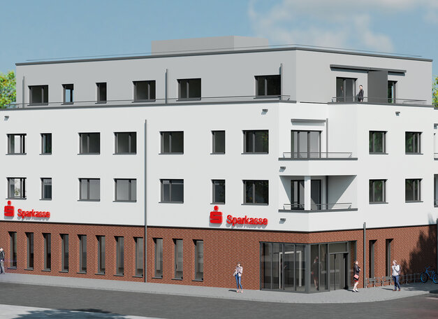 Architektur-Visualisierung eines modernen Wohn- und Geschäftshauses in Lünen mit Sparkasse-Filiale im Erdgeschoss und Wohnungen mit Balkonen in den oberen Etagen.