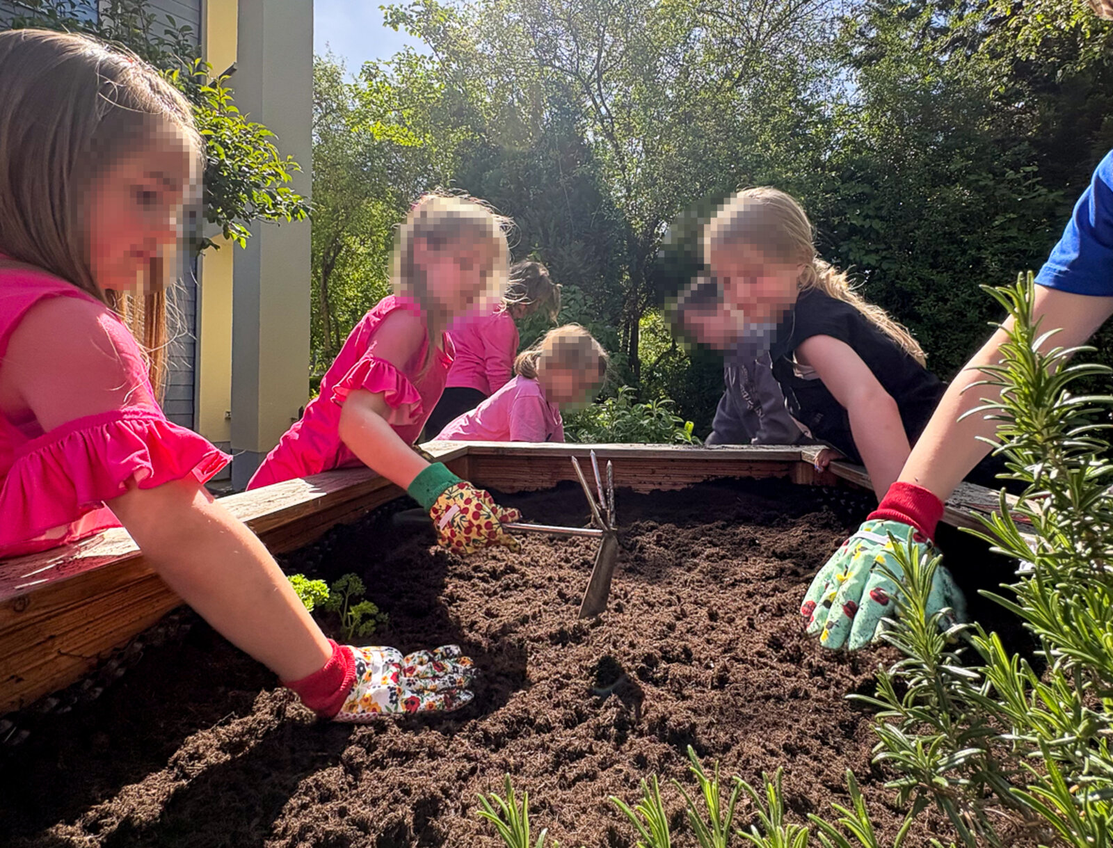 Kinder mit Gartenhandschuhen lockern die Erde in einem Hochbeet und bereiten die Bepflanzung vor.