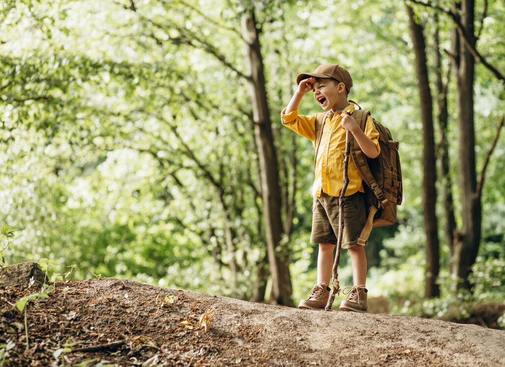 Ein Kind mit Rucksack und Wanderstock steht auf einem Waldweg und blickt in die Ferne.