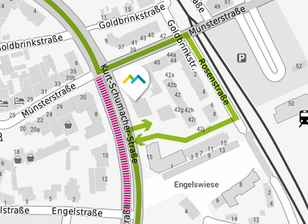 Grüne Linien kennzeichnen auf einem Kartenausschnitt die befahrbaren Straßen. Eine rot gestrichelte Linie zeigt die gesperrten Straßen rund um das Verwaltungsgebäude.