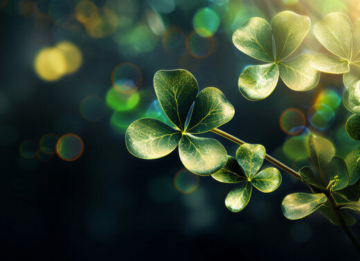 Nahaufnahme von mehreren grünen Klee-Blättern, mit unscharfem, dunklem Hintergrund.
