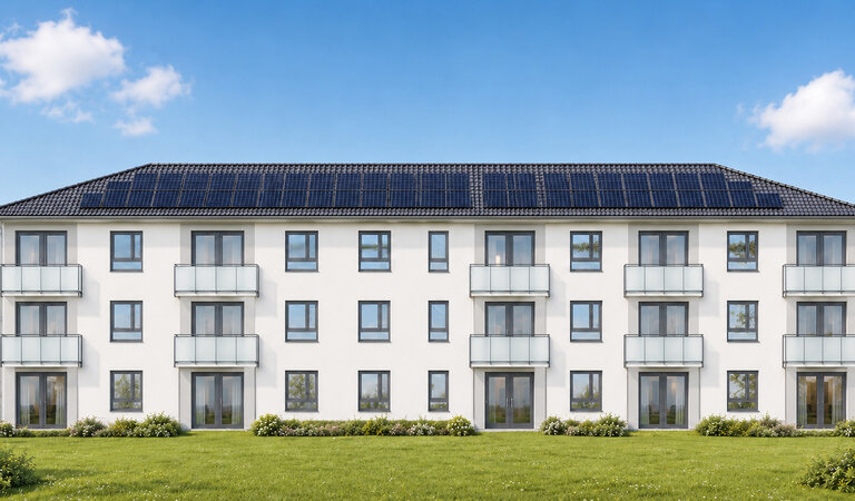Südansicht des Mehrfamilienhauses mit Balkonen und Photovoltaikanlage auf dem Dach.