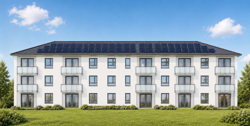 Südansicht des Mehrfamilienhauses mit Balkonen und Photovoltaikanlage auf dem Dach.